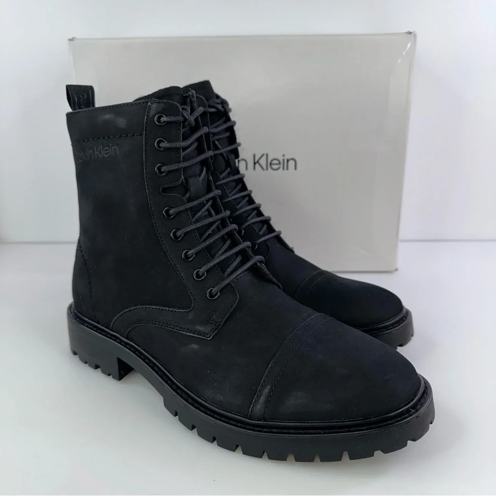 CALVIN KLEIN Mens Black Pull Tab Lorenzo Round Toe Block Heel Leather Boots